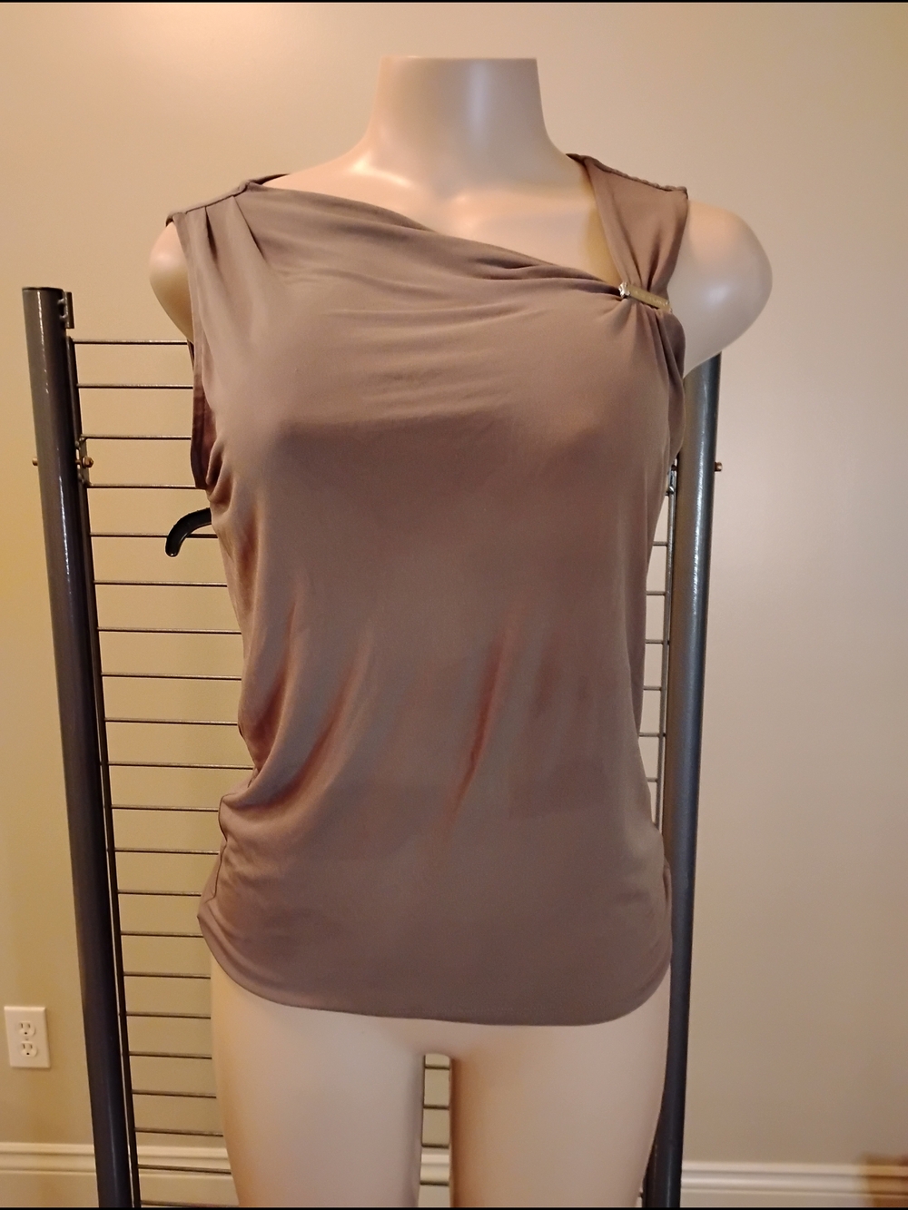 Michael Kors‎ Taupe Sleeveless Draped Shoulder Top